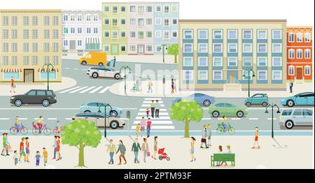 Silhouette der Stadt mit Fußgängern in Wohngebieten und Straßenverkehr, Illustration Stock Vektor