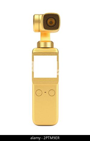 Golden Pocket Handheld Gimbal Action-Kamera auf weißem Hintergrund. 3D-Rendering Stockfoto