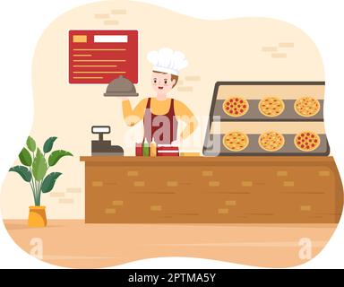 Italienisches Essen Restaurant oder Cafeteria mit Küchenchef, der traditionelle italienische Gerichte Pizza in handgezeichneter Cartoon-Vorlage macht Illustration Stock Vektor