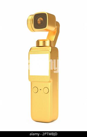 Golden Pocket Handheld Gimbal Action-Kamera auf weißem Hintergrund. 3D-Rendering Stockfoto