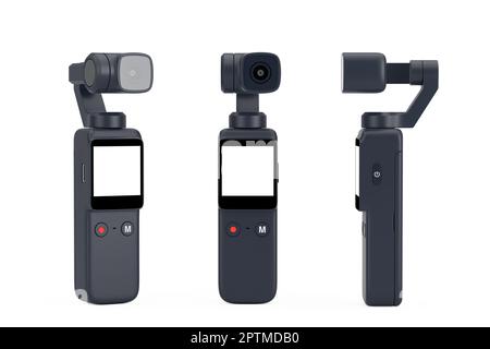 Handheld Gimbal Action-Kamera im Taschenformat auf weißem Hintergrund. 3D-Rendering Stockfoto