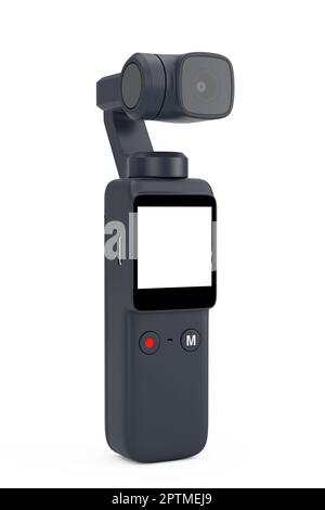 Handheld Gimbal Action-Kamera im Taschenformat auf weißem Hintergrund. 3D-Rendering Stockfoto