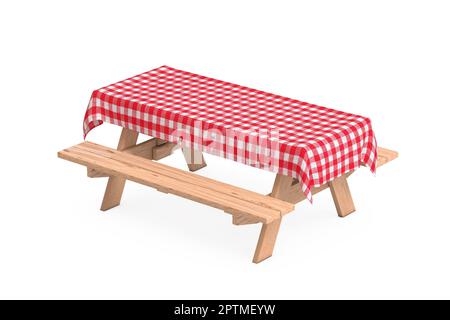 Picknicktisch aus Holz mit Bänken und roter karierter Tischdecke auf weißem Hintergrund. 3D-Rendering Stockfoto