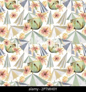 Handgezeichneter, wässriger Kokosnuss-Cocktail mit Papierschirm und Hibiskus. Nahtloses Muster. Isoliert auf weißem Hintergrund. Wandbild, Hochzeit, Druck Stockfoto