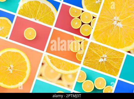 Eine Collage von vielen Bildern mit saftigen Orangen. Einstellen von Bildern mit Früchten auf Hintergründe in verschiedenen Farben Stockfoto