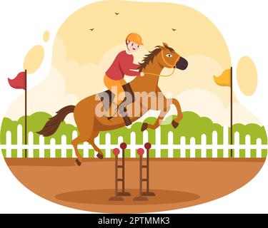 Pferderennen Wettbewerb auf einer Rennbahn mit Equestrian Performance Sport und Reiter oder Jockeys auf Flat Cartoon Handgezeichnete Vorlagen Illustration Stock Vektor