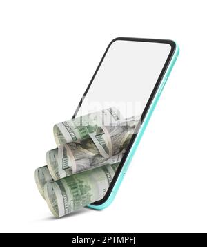 Dollarscheine und modernes Smartphone auf weißem Hintergrund Stockfoto