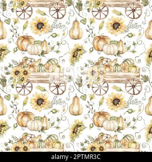 Wasserfarbener, handgezeichneter Kürbis und Sonnenblumen im nahtlosen Holzwagen-Muster. Herbstblumen wiederholen Papier. Wunderschöner Textildruck Stockfoto