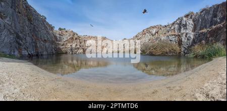 Geier über Alcantara, heute als natürliches Schwimmbad genutzt, Caceres, Extremadura, Spanien Stockfoto