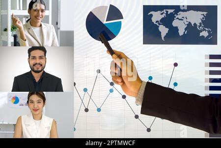 Kopfschuss-Teilnehmer Videokonferenz Online-Meeting. Nahaufnahme der Hand des Geschäftsmannes mit Stift, der auf das Tortendiagramm auf dem Präsentationsmonitor zeigt. Stockfoto