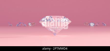 Klassisch geschnittene Diamanten und pinkfarbener Hintergrund. 3D-Rendern Stockfoto