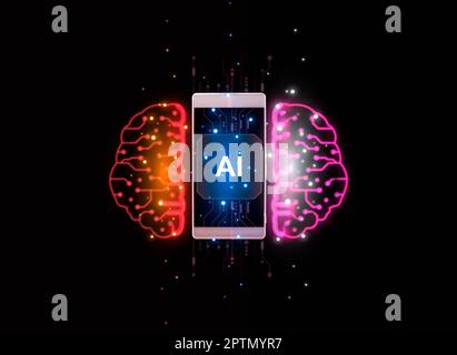 Künstliche Intelligenz. Smartphone mit leuchtendem Gehirn und Symbol für künstliche Intelligenz. Modernes Technologiekonzept. 3D-Rendering. Stockfoto