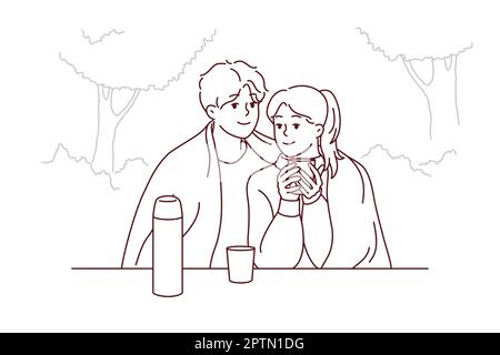 Glückliches Paar, das im Park sitzt und Tee trinkt Stock Vektor