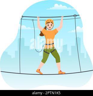 Seilrutschen-Illustration mit Besuchern, die auf einem Hindernisparcours spazieren gehen, und Outdoor Rope Adventure Park in Forest in Flat Cartoon Hand Drawn Templates Stock Vektor