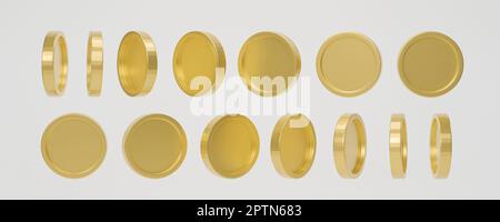 Set von Goldmünze in verschiedenen Formen auf weißem Hintergrund. 3D Rendern. Stockfoto