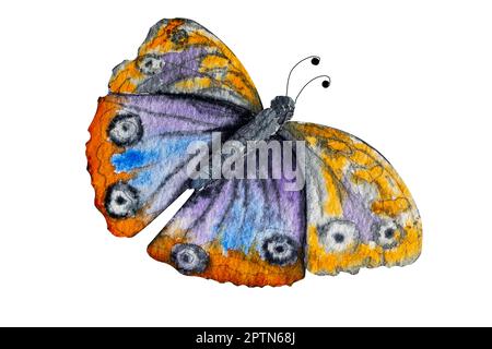 Zarter handbemalter Schmetterling in Aquarellfarben. Die Abbildung wurde in Aquarell erstellt. Schmetterlinge in leuchtenden Farben Stockfoto