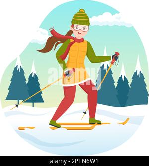 Ski-Illustration mit Skifahrern, die in der Nähe des Berges rutschen und im Skigebiet in flachen Wintersportaktivitäten handgezeichnete Cartoon-Vorlagen bergab fahren Stock Vektor