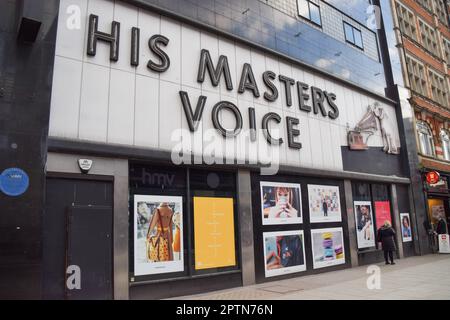 London, Vereinigtes Königreich, 19. März 2021. Außenansicht des Flagship HMV-Ladens in der Oxford Street, der 2019 geschlossen wurde. Stockfoto