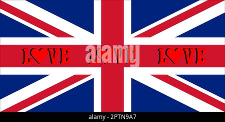 Vereinigtes Königreich: Das Wort Liebe mit Herz und Union Jack Flagge. Worte in 3D-dreidimensionalen Grafiken mit „Liebe“ und tiefem Rot. Stockfoto