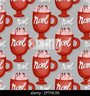 Nahtloses Weihnachtsmuster. Geschenkpapier für Kaffeebar. Cappuccino- oder Frapuccino-Muster. Handgezeichnete Vektorgrafik. Wintergetränk mit Creme A Stockfoto