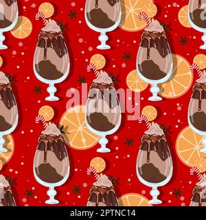 Nahtloses Weihnachtsmuster. Geschenkpapier für Kaffeebar. Cappuccino- oder Frapuccino-Muster. Handgezeichnete Vektorgrafik. Wintergetränk mit Creme A Stockfoto