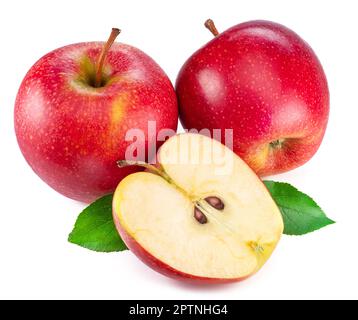 Reife rote Äpfel und Apfelscheiben isoliert auf weißem Hintergrund. Stockfoto