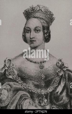 Queen Victoria (1819-1901). Königin des Vereinigten Königreichs Großbritannien und Irland (1837-1901). Kaiserin von Indien. Porträt. Lithographie von Martínez. Detail. "Reyes Contemporáneos". Band I. Veröffentlicht in Madrid, 1855. Stockfoto