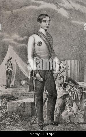 Franz Joseph I. (1830-1916) Kaiser von Österreich (1848-1916) und König von Ungarn (1867-1916). Porträt. Zeichnung von Urrabieta. Lithographie von J. Donón. "Reyes Contemporáneos". Band I. Veröffentlicht in Madrid, 1855. Stockfoto