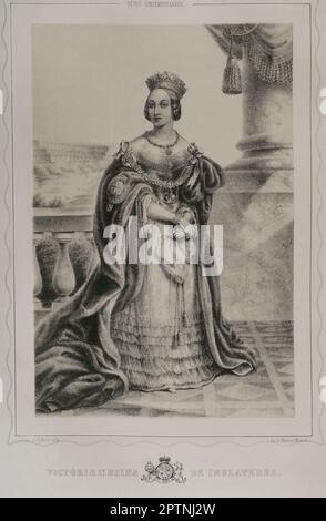 Queen Victoria (1819-1901). Königin des Vereinigten Königreichs Großbritannien und Irland (1837-1901). Kaiserin von Indien. Porträt. Lithographie von Martínez. "Reyes Contemporáneos". Band I. Veröffentlicht in Madrid, 1855. Stockfoto