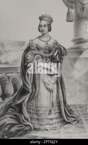 Queen Victoria (1819-1901). Königin des Vereinigten Königreichs Großbritannien und Irland (1837-1901). Kaiserin von Indien. Porträt. Lithographie von Martínez. "Reyes Contemporáneos". Band I. Veröffentlicht in Madrid, 1855. Stockfoto