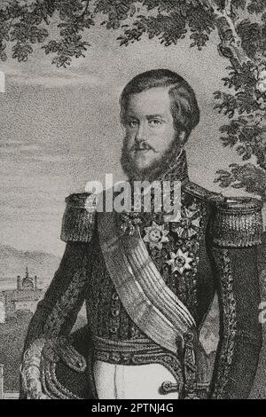 Pedro II von Alcantara (1825-1891). Kaiser von Brasilien (1831-1889). Nach einem Staatsstreich, durch den er im November 1889 gestürzt wurde, musste er abdanken und nach Europa ins Exil gehen. Porträt. Zeichnung von B. Blanco. Lithographie von Donón. Detail. "Reyes Contemporáneos". Band I. Veröffentlicht in Madrid, 1855. Stockfoto