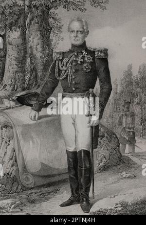 William I. (1781-1864). König von Württemberg von 1816 bis 1864. Porträt. Zeichnung von C. Legrand. Lithographie von J. Donón. "Reyes Contemporáneos". Band I. Veröffentlicht in Madrid, 1855. Stockfoto