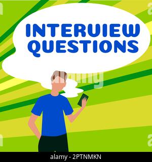 Inspiration zeigt, wie Sie Fragen zum Vorstellungsgespräch unterzeichnen, Geschäftsansatz typisches Thema ist während eines Vorstellungsgesprächs Fragen stellen oder nachfragen Stockfoto
