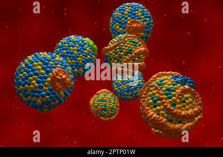 HDL (gut) und LDL (schlecht) Lipoprotein (Cholesterin) – 3D-Darstellung in der Großansicht Stockfoto