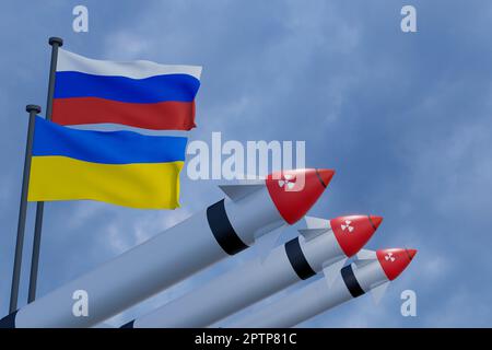Nuklearwaffen Russland und Nuklearwaffen Ukraine, Atomkrieg mit der Ukraine gegen Russland, Massenvernichtungswaffen Atombombe, 3D-Bild und 3D-Arbeit Stockfoto