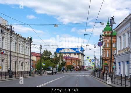 Tomsk, Lenin Avenue, die zentrale historische Straße der Stadt Stockfoto