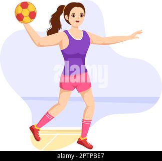 Handball Darstellung eines Spielers, der den Ball mit der Hand berührt und in einem flachen Zeichnungsschablone für den Sportwettbewerb ein Tor erzielt Stock Vektor