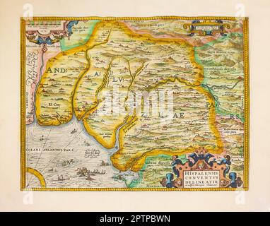 Huelva, Spanien - 22. April 2023: Originale Karte aus dem 1579., 16. Jahrhundert, in Farbe, die Andalusien in dieser Zeit repräsentiert, erhalten in La Palma del Cond Stockfoto