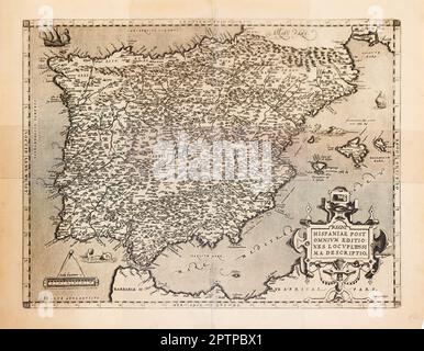 Huelva, Spanien - 22. April 2023: Originale Karte aus dem 1579., 16. Jahrhundert, handgefertigt auf Pergament, repräsentiert die iberische Halbinsel, Spanien und Portugal zum Zeitpunkt Stockfoto