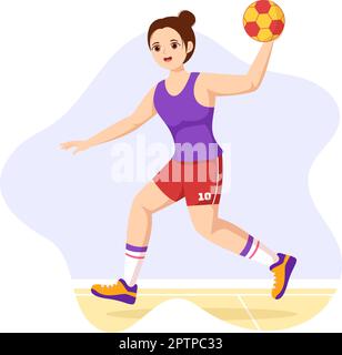 Handball Darstellung eines Spielers, der den Ball mit der Hand berührt und in einem flachen Zeichnungsschablone für den Sportwettbewerb ein Tor erzielt Stock Vektor