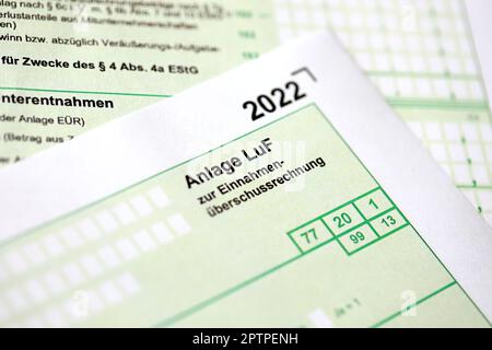 Anlage LUF - Deutsch 2022 Berechnung von Überschusseinnahmen und Informationen zur Ermittlung von Gewinnen aus der Forstwirtschaft. Das Konzept der Besteuerung und Buchhalter paperw Stockfoto