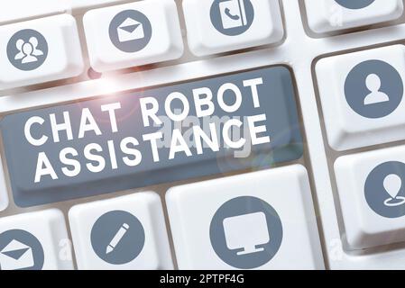 Konzeptionelle Überschrift Chat Robot Assistance, Business Overview beantwortet Fragen zum Kundenservice und bietet Hilfe Stockfoto