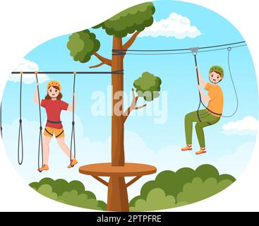 Seilrutschen-Illustration mit Besuchern, die auf einem Hindernisparcours spazieren gehen, und Outdoor Rope Adventure Park in Forest in Flat Cartoon Hand Drawn Templates Stock Vektor