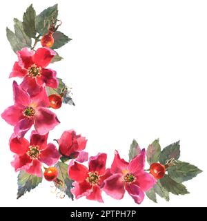 Rosehip-Rahmen. Blumen, Blätter und Früchte wilder Rosen. Briar, Aquarellmalerei zur Dekoration. Stockfoto