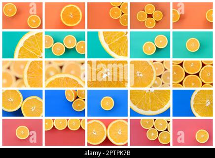 Eine Collage von vielen Bildern mit saftigen Orangen. Einstellen von Bildern mit Früchten auf Hintergründe in verschiedenen Farben Stockfoto