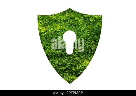 Grüner Schild schützt die Natur und die Umwelt auf weißem Hintergrund. Stockfoto
