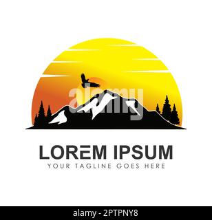 Logo für Berge und Mond bei Sonnenuntergang Stock Vektor