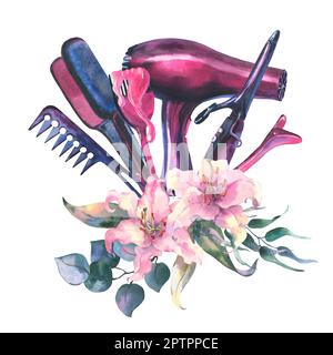 Aquarelle Abbildung des Friseursalons. Friseurset. In Aquarellfarben gehaltene Einrichtung mit Haartrockner, Bügeleisen, Lockenstab, Bürste, dekoriert mit Stockfoto