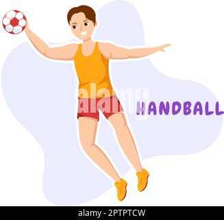 Handball Darstellung eines Spielers, der den Ball mit der Hand berührt und in einem flachen Zeichnungsschablone für den Sportwettbewerb ein Tor erzielt Stock Vektor