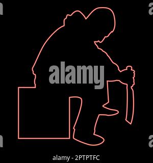 Neonmann mit Schwert Machete Kalte Waffen in der Hand Soldat Soldat Soldat Soldat in Positionen Hunter mit Messerkampf stellt starken Verteidiger Warrior Concept Waffen auf Box rot Vektor Illustration flacher Stil Stock Vektor